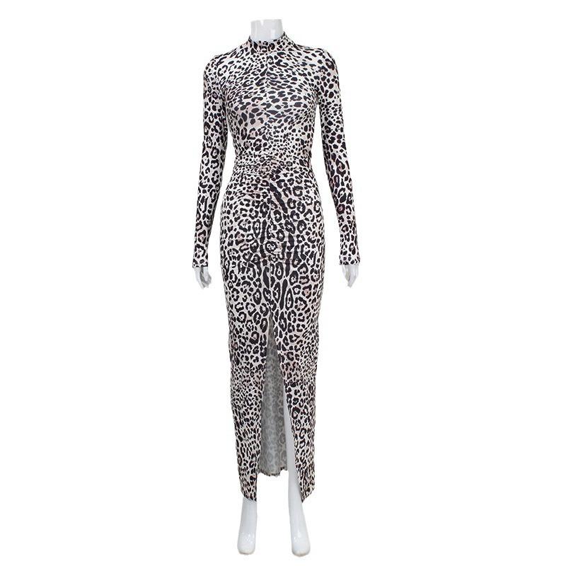 Women's Round Neck Long Sleeve Tight Bag Hip Slit Sexy Hot Casual Fashion Leopard Print Dress