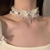 Fashion Solid Color Women Girls Necklace Wide Lace Rivets Lolita Lace Choker Y2K Angel Wings Cool Leather Necklace