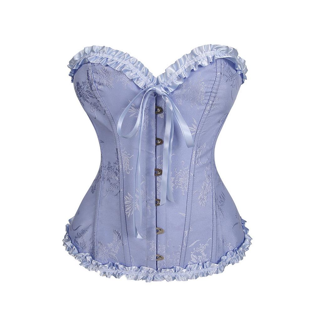 Women's Sweetheart Strapless Corset Top Slim Fit V Neck Ruffle Trim Jacquard Lace Up Bustier Vintage Court Waist Trainer Shapewear