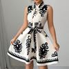 Women's Fashion Lapel Button Print Waist Tie Sleeveless Dresses