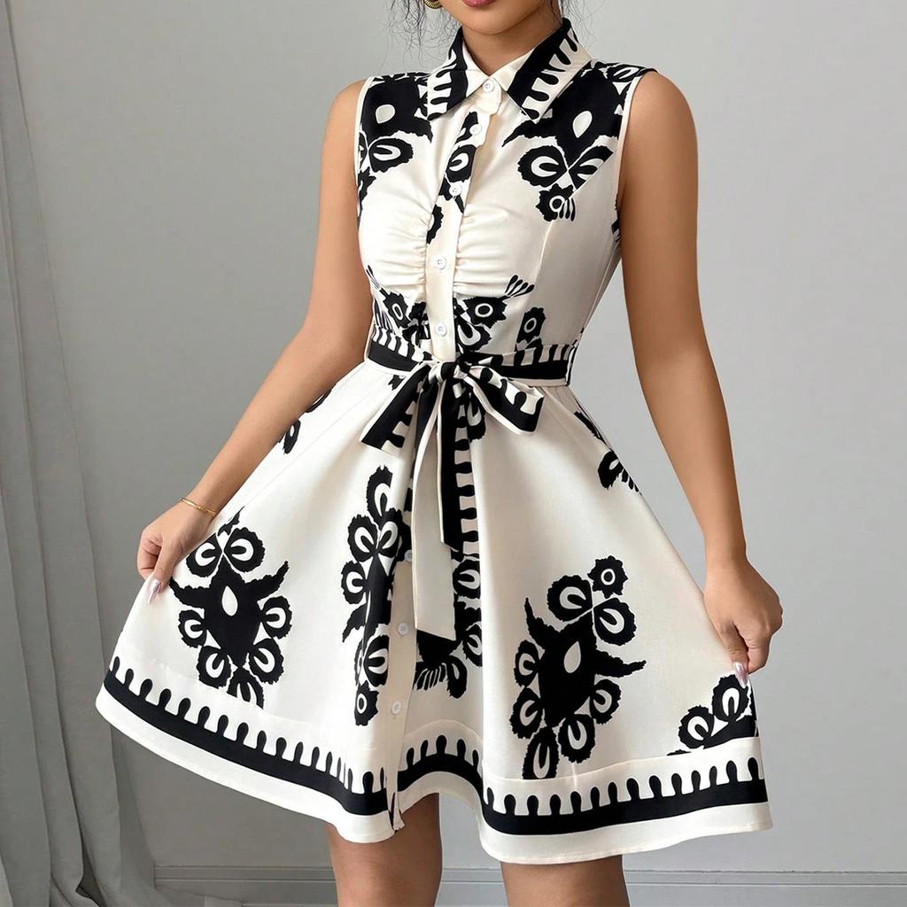 Women's Fashion Lapel Button Print Waist Tie Sleeveless Dresses