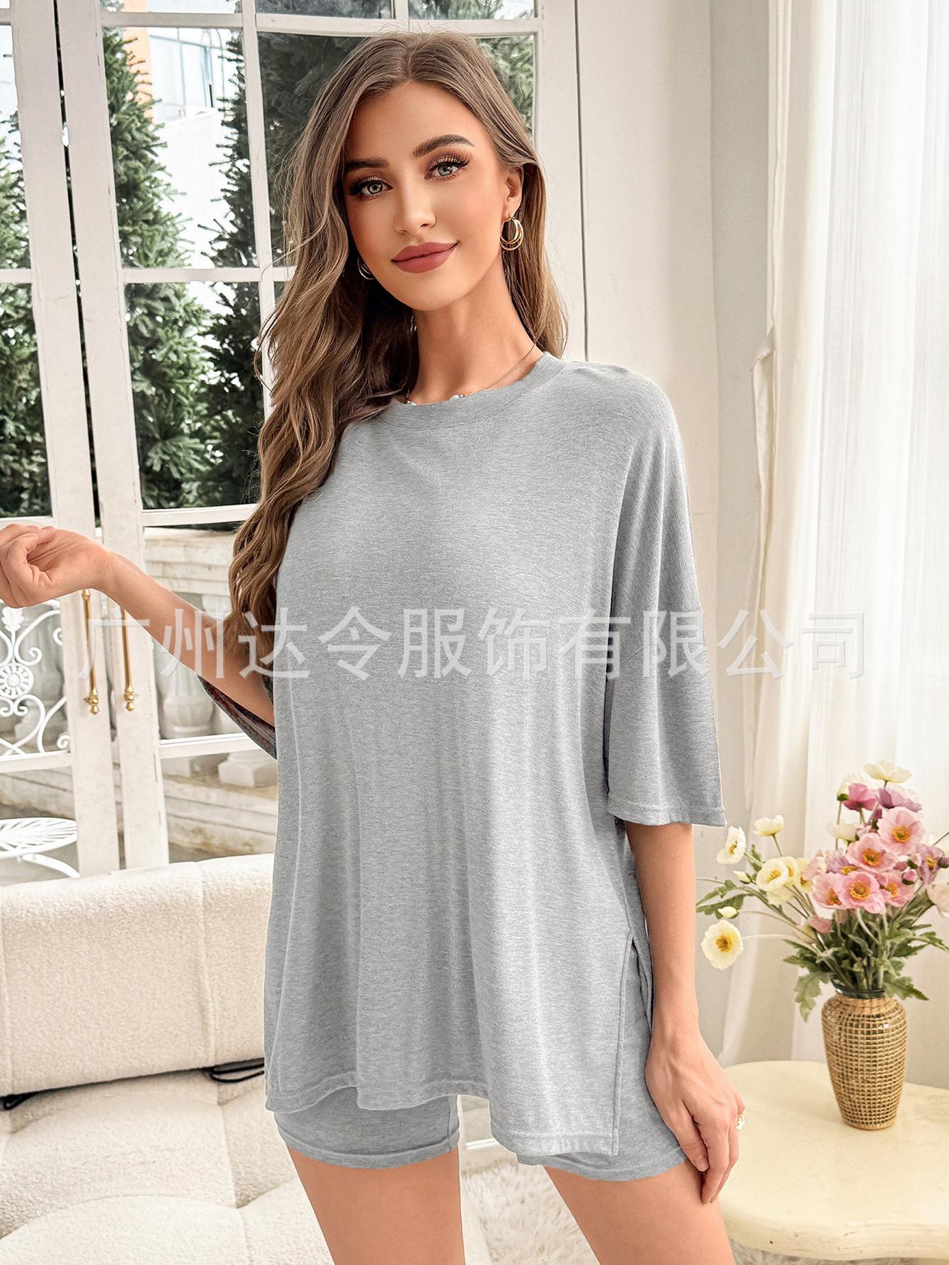 High-end leisure home fashion European and American women solid color home two-piece set S серый