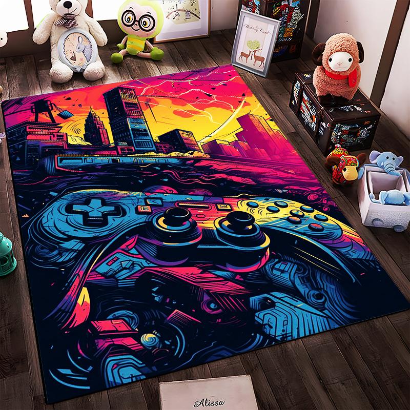 Colorful Gaming Console and Cityscape Carpet with Neon Design Suitable for use as an anti-slip for living room bedroom sofas