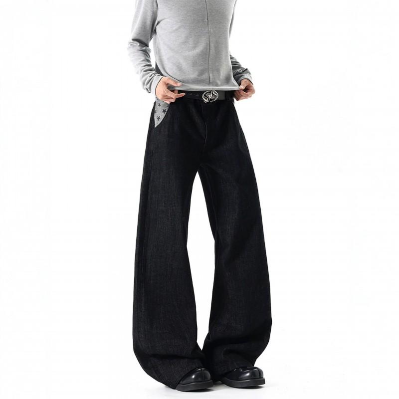 Mens Vintage High Street Flare Jeans Star Patchwork Original Denim Pants Casual Streetwear