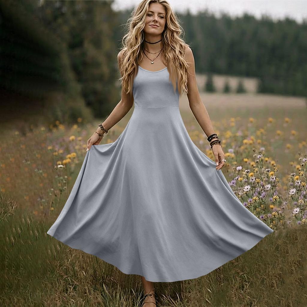 Women V Neck Sleeveless Long Dress Summer Spaghetti Strap Casual Loose Fit Maxi Dress Solid A Line Sundress