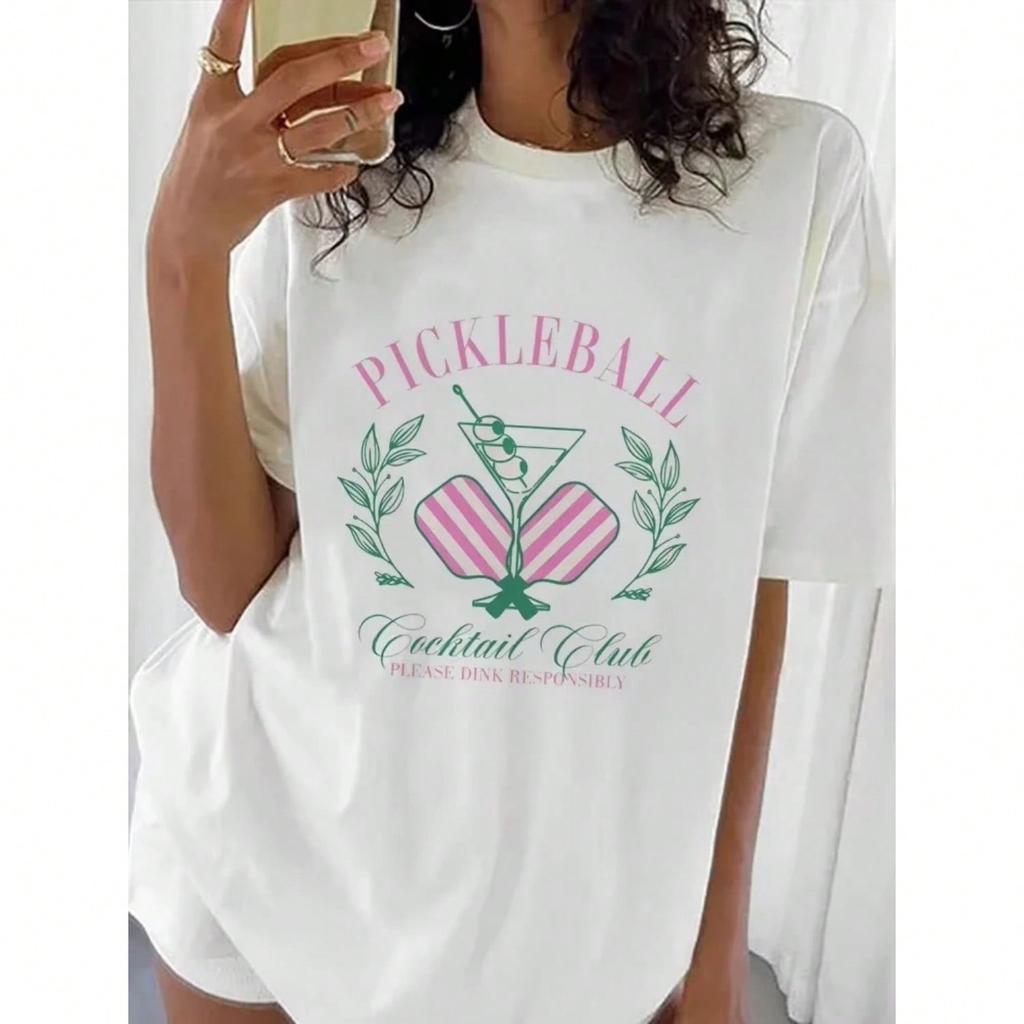 Wounisex's Summer Casual Style Fashion Wounisex's Round Neck T-Shirt Pickleball Design Wounisex's Cartoon Graphic T-Shirt