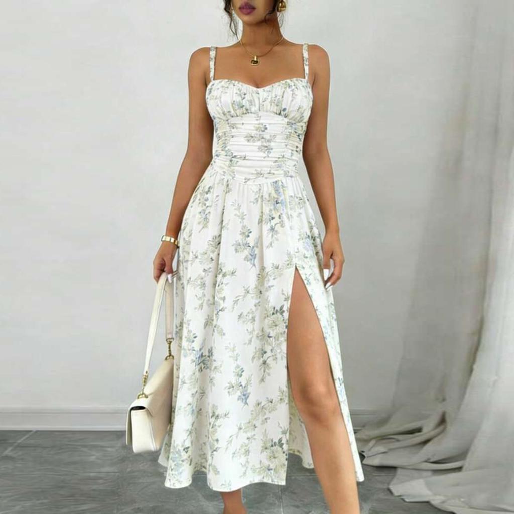 Women Floral Print Bohemian High Slit Spaghetti Strap Maxi Dress for Beach Holiday Casual Summer Outfits Sundress