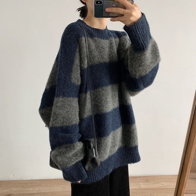 Color-blocking Striped Knitted Sweater for Women Loose and Casual Sweater Long-sleeved Trendy Pullover for Women Autumn and Winter