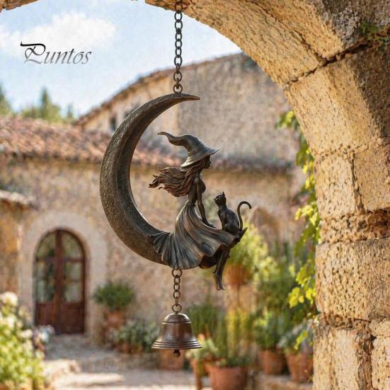 Ornamenti da Giardino a Forma di Luna Crescente Campanella a Vento da Strega, Gotico con Gatto Nero Campanella da Appendere, Decorazione Spirituale per Donne Portico Patio Balcone Mistico