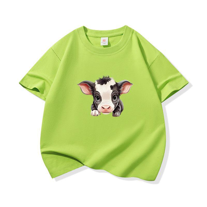 Kids Cotton T Shirt Adorable Baby Cow Peeking Print Crew Neck Short Sleeve Tee Casual Boys Girls Summer Tops