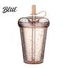 Outdoor Outing Water Container Transparent Straw Cup with Sequins Decor And Leak Proof Reusable Bubble Tea Cup Lid Plastic Sippy for Students Teens