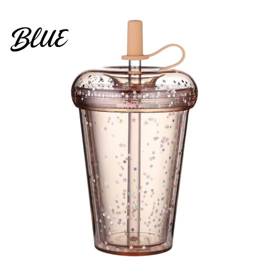 Outdoor Outing Water Container Transparent Straw Cup with Sequins Decor And Leak Proof Reusable Bubble Tea Cup Lid Plastic Sippy for Students Teens