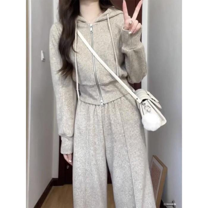 Women's High-End Casual Two-Piece Set: Slim Fit Hooded Sweatshirt & Wide-Leg Pants for Fall/Winter 2025