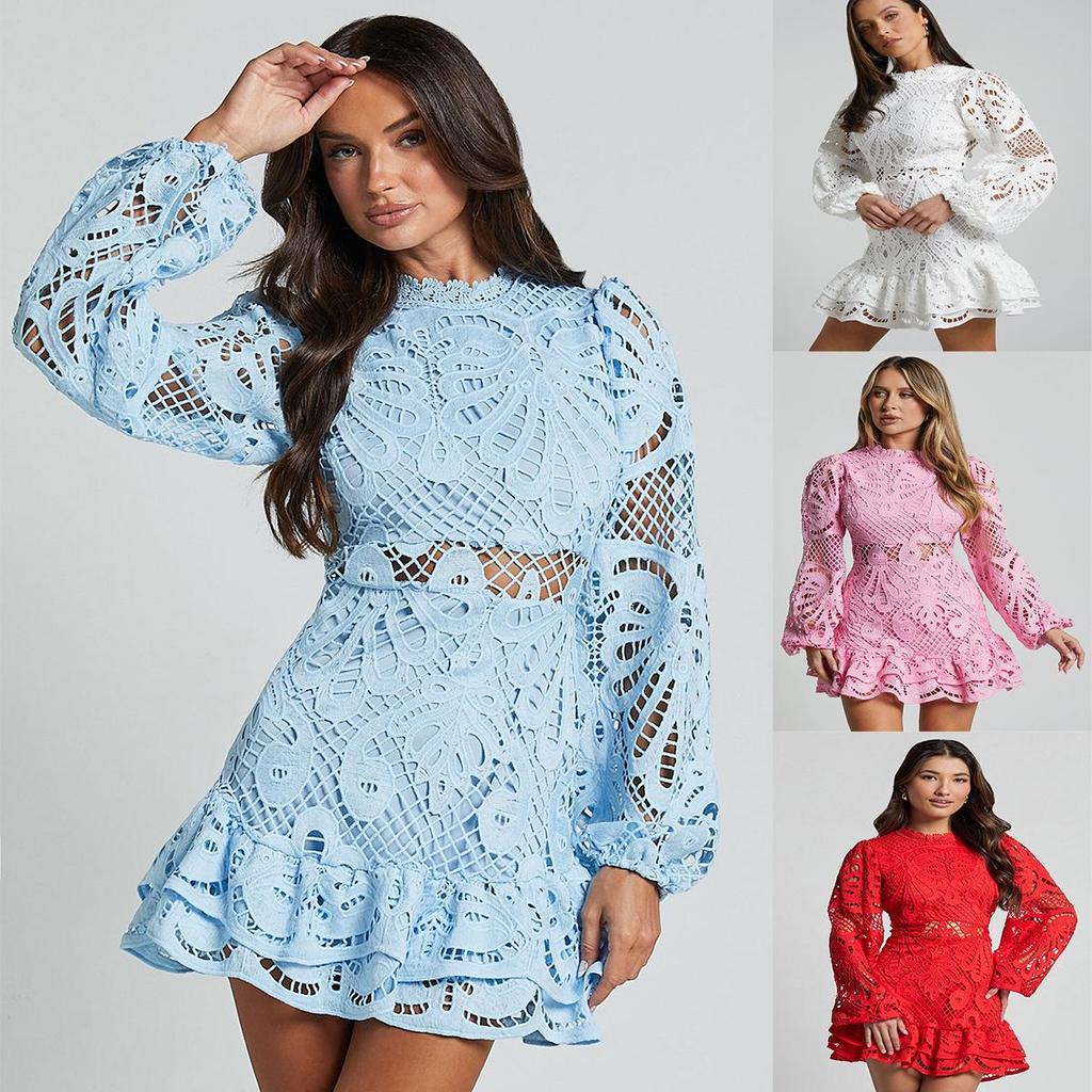 Evropské a americké večerní šaty áčkového střihu se stojáčkem, lucernovými rukávy, volánovým detailem a krajkou rozpustnou ve vodě