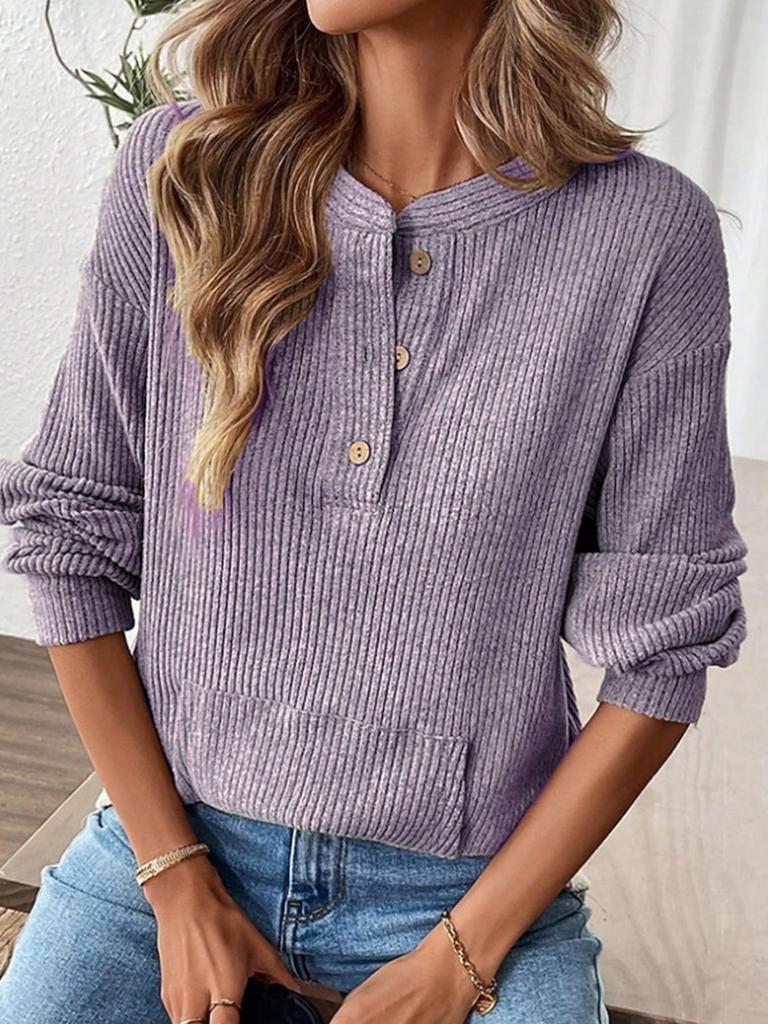 2025 Autumn/Winter Women's Solid Color Fashion Button Loose Long Sleeve T-shirt Top – European and American Style