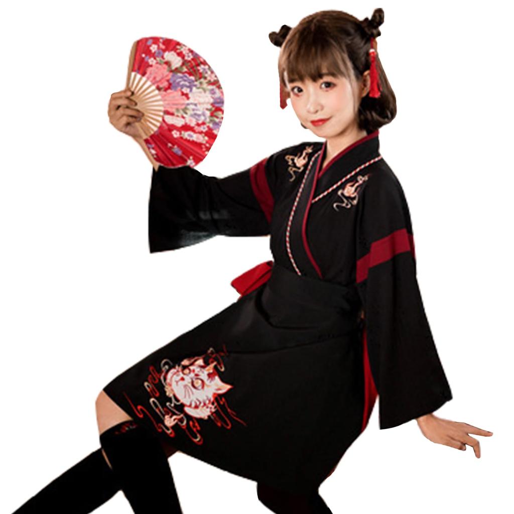 Taisho Roman Hakama Cosplay Cat Kimono Japanese Clothes Lolita Cat Pattern Halloween Short Length L [sac taske] (Black Size)