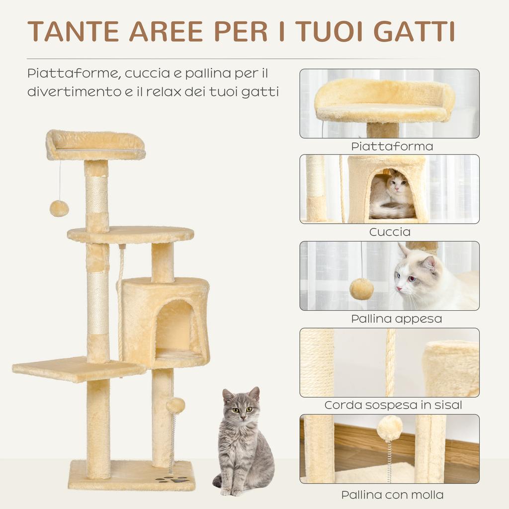 4-Tier Wooden Cat Scratching Post with House, Toys, Ball and Rope, Height 114cm