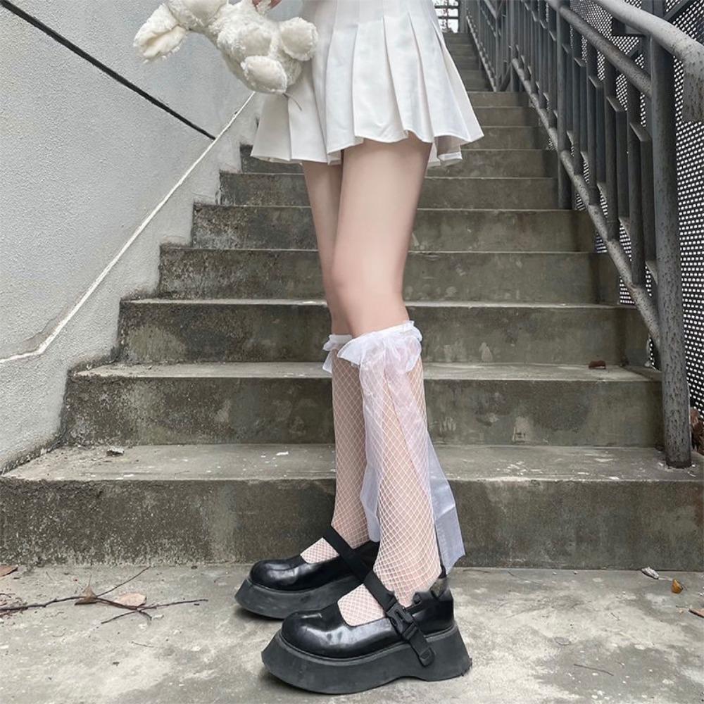 Black Streamer Half-length Stockings Women's Thin Summer Cute Medium Tube Calf Socks Lolita Bow Jk Long Socks