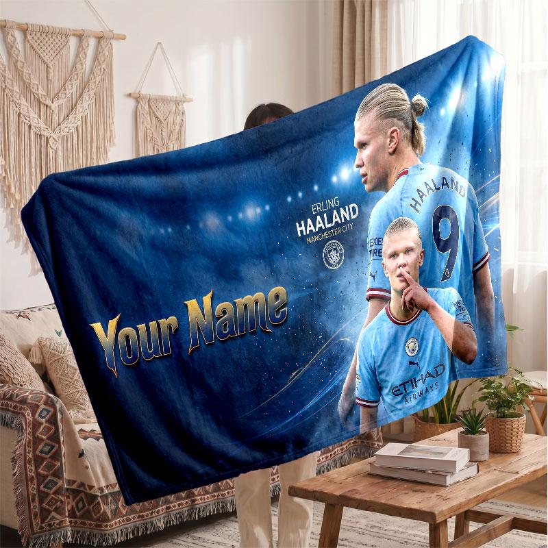 Erling Haaland Personalized Fleece Blanket With Football Logo, Custom Name Text Soft Warm Home Throw Blanket