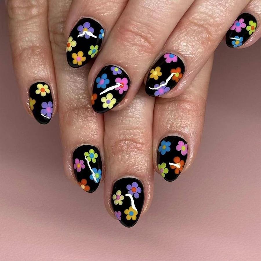

Multicolor Floral Oval Glossy Press-On Nails - Pack of 24, Fresh Simple Design for Spring