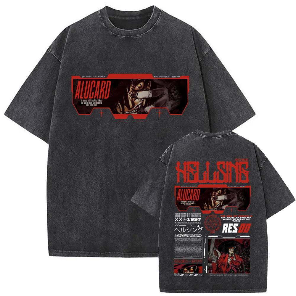Washed Vintage Anime Hellsing Abraham Van Helsing Vampire Alucard Double Sided Print Tshirts Unisexs s Unisexga Oversized T Shirts