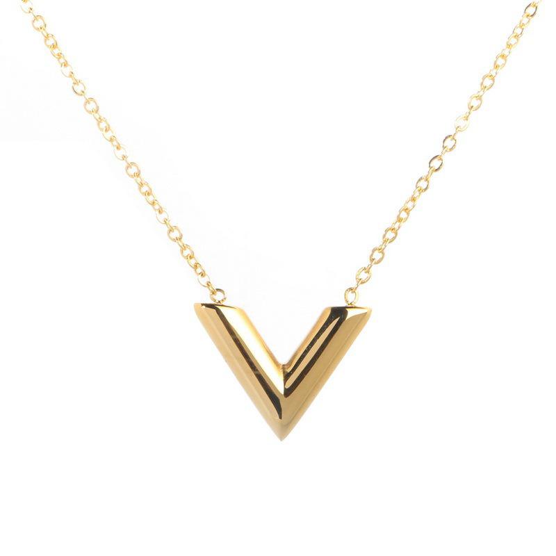 Korean Fashion V Letter Titanium Steel Necklace - Women's Simple Non-Fading Pendant Clavicle Chain