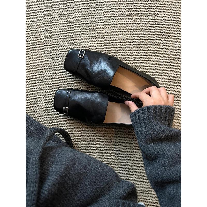 Sheepskin Version~ Retro British Style Leather Square Head One-pedal Loafers Women's Design Sense Niche Flat-bottomed Small Leather Shoes