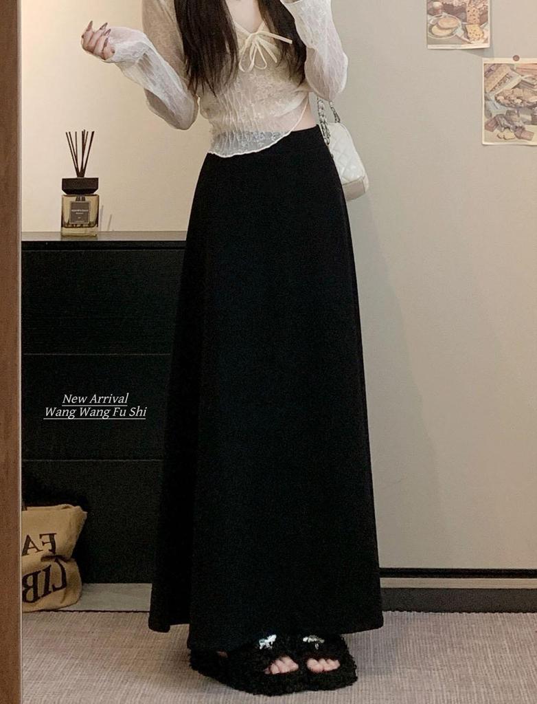 Korean Style High Waist Wool Midi Skirt - A-Line, Solid Color, Chic Slimming Skirt for Women, Autumn/Winter.
