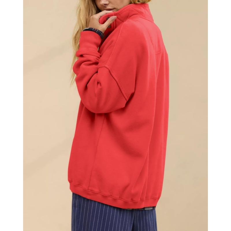 Womens Loose Half Button Collar Long Sleeve Casual Sweatshirt