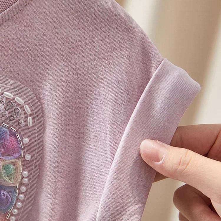 Butterfly Knot Girls' Sweet and Fashionable Tie Dye Set Summer Style Girls' Short Sleeved Lantern Pants Thin Two-piece Set