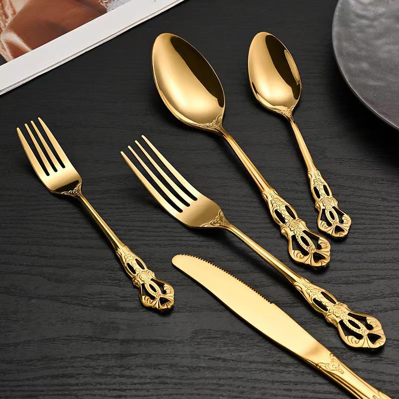 European Style Stainless Steel Cutlery Set with Hollow Relief Design: Royal Knife, Fork, and Spoon.