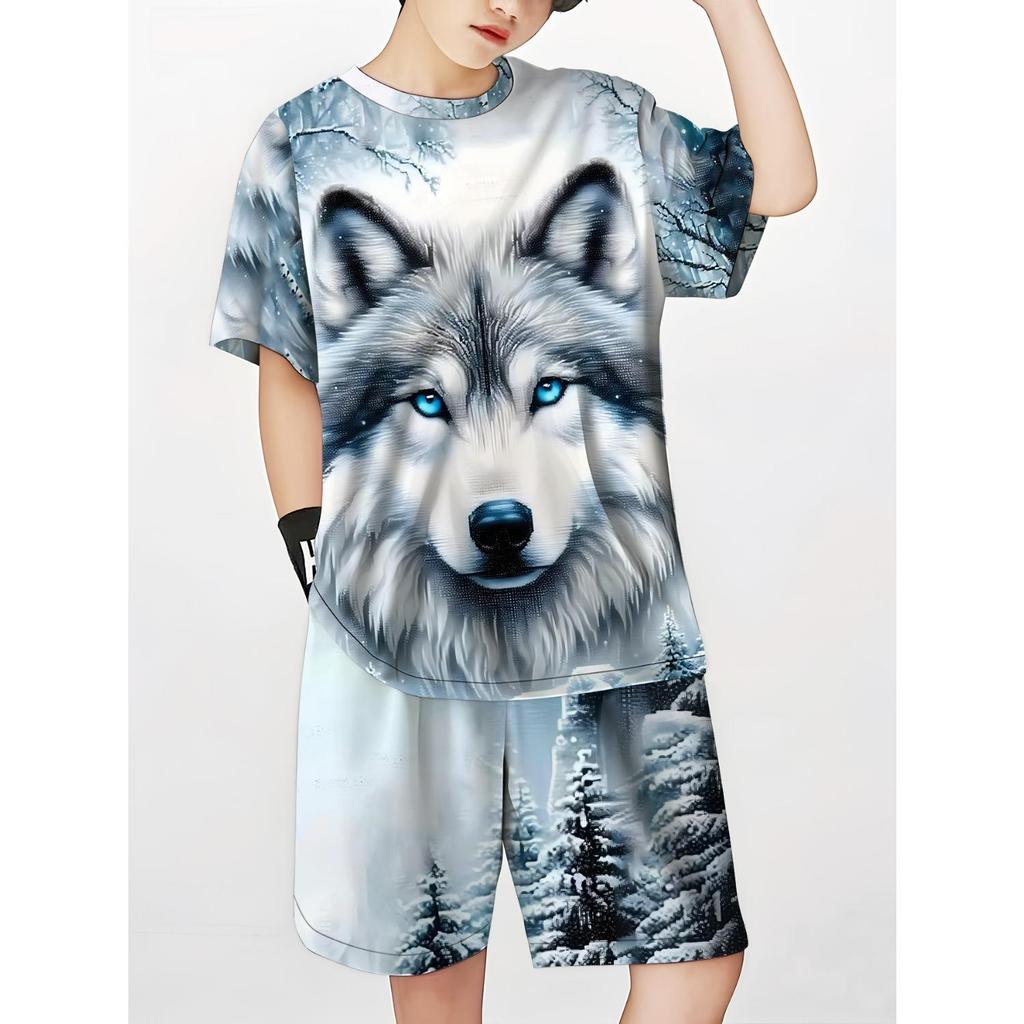 New Snowwolf print comfortable casual boys' round neck short sleeved T-shirt and shorts set for outdoor wear