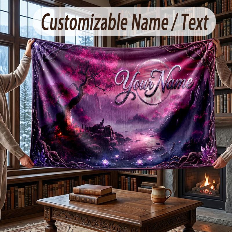 Mushroom Forest Theme Throw Blanket Custom Name Text Personalized Blanket Soft Cozy Blanket for Home Sofa Bed