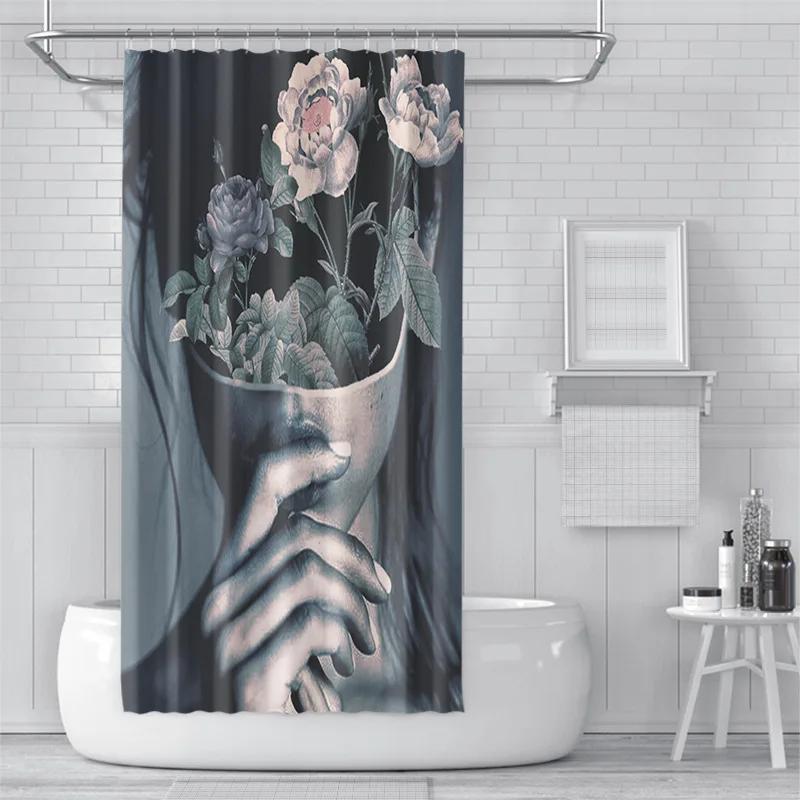 3D Shower Curtain European And American Abstract Figures, Flowers, Toilet Partition Curtains, Simple Curtains With Accessories