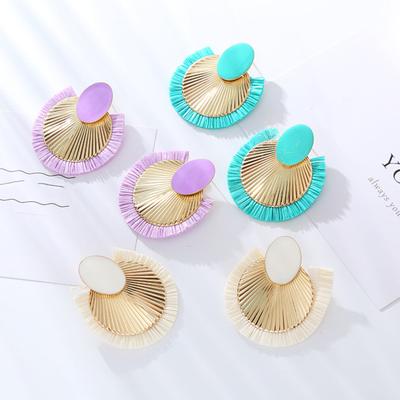 1 Pair Women Earrings Fan-shaped Exaggerated Contrast Color Oil Drip Anti-allergy Bohemian Lightweight Stainless Ear Decoration Jewelry Vacation