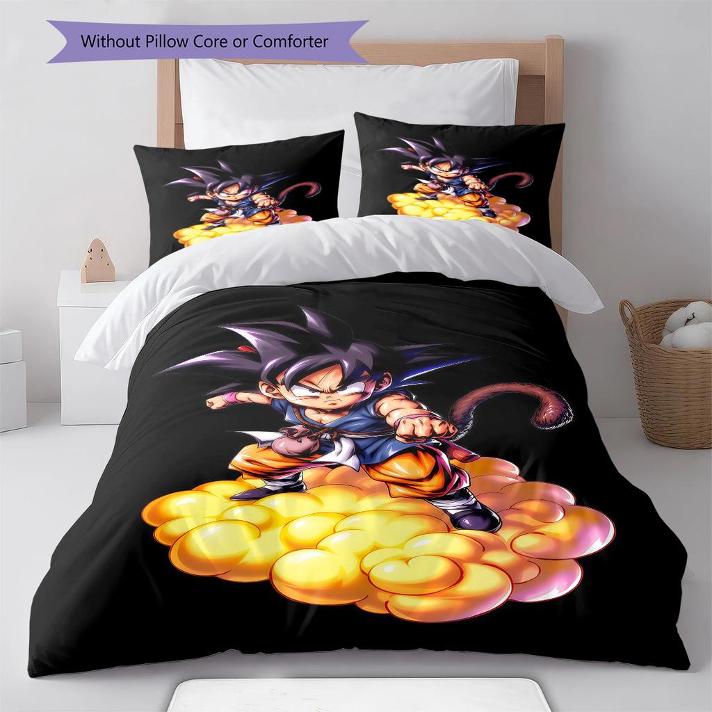 Lenjerie de pat cu model Son Goku, Set cu cuvertură, Husă de cuvertură, Față de pernă, Cadou de casă, Cadou de ziua de naștere (1 * husă de pilotă + 2 * fețe de pernă, fără miez)