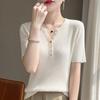 Women Summer Solid Ribbed Knit T‑Shirt V‑Neck Colorful Button Short Sleeve Slim Fit Linen Blending Base Layer Top