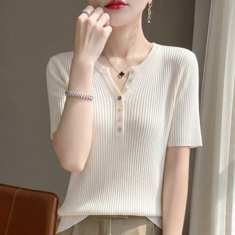 Women Summer Solid Ribbed Knit T‑Shirt V‑Neck Colorful Button Short Sleeve Slim Fit Linen Blending Base Layer Top