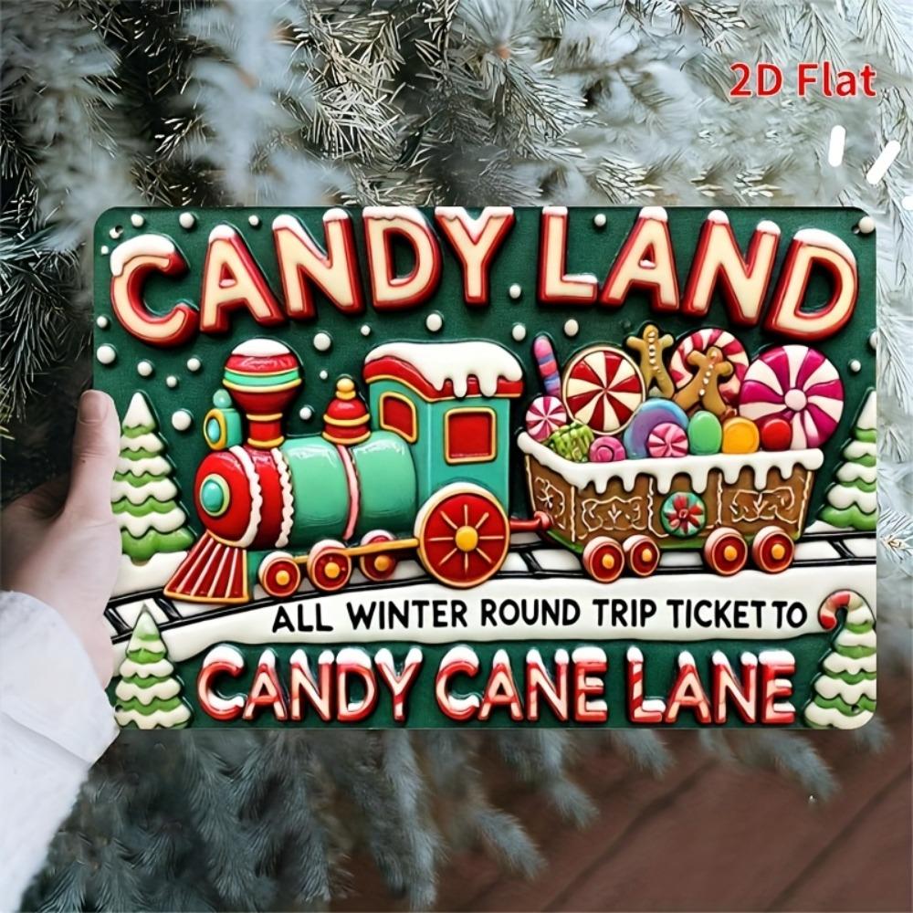 Vintage Candyland Metal Wall Art - Winter Candy Cane Lane Ticket Decor with Colorful Train & Gingerbread, 7.87x11.81 Inch Outdoo