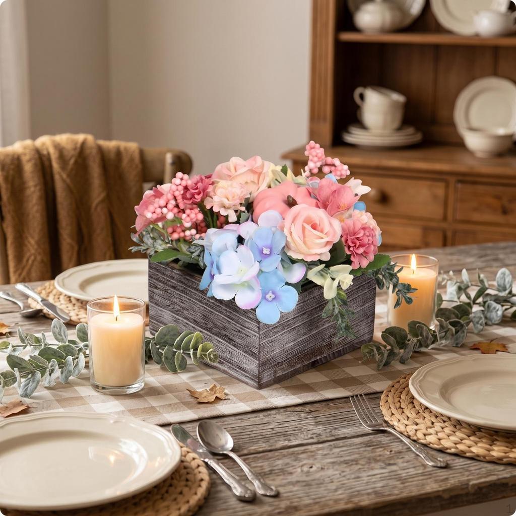 Flower Arrangement with Wooden Planter Box Rustic Artificial Flowers In Farmhouse