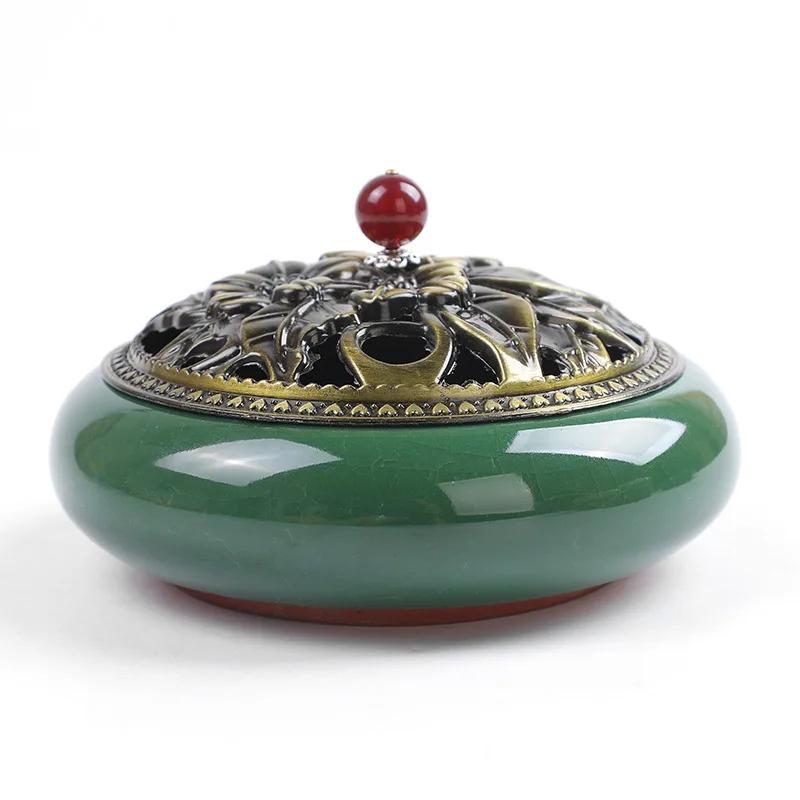 12 Hours Large Mosquito Coil Incense Burner Ceramics Cone Holder with Metal Lid Household with Fireproof Cotton Censer