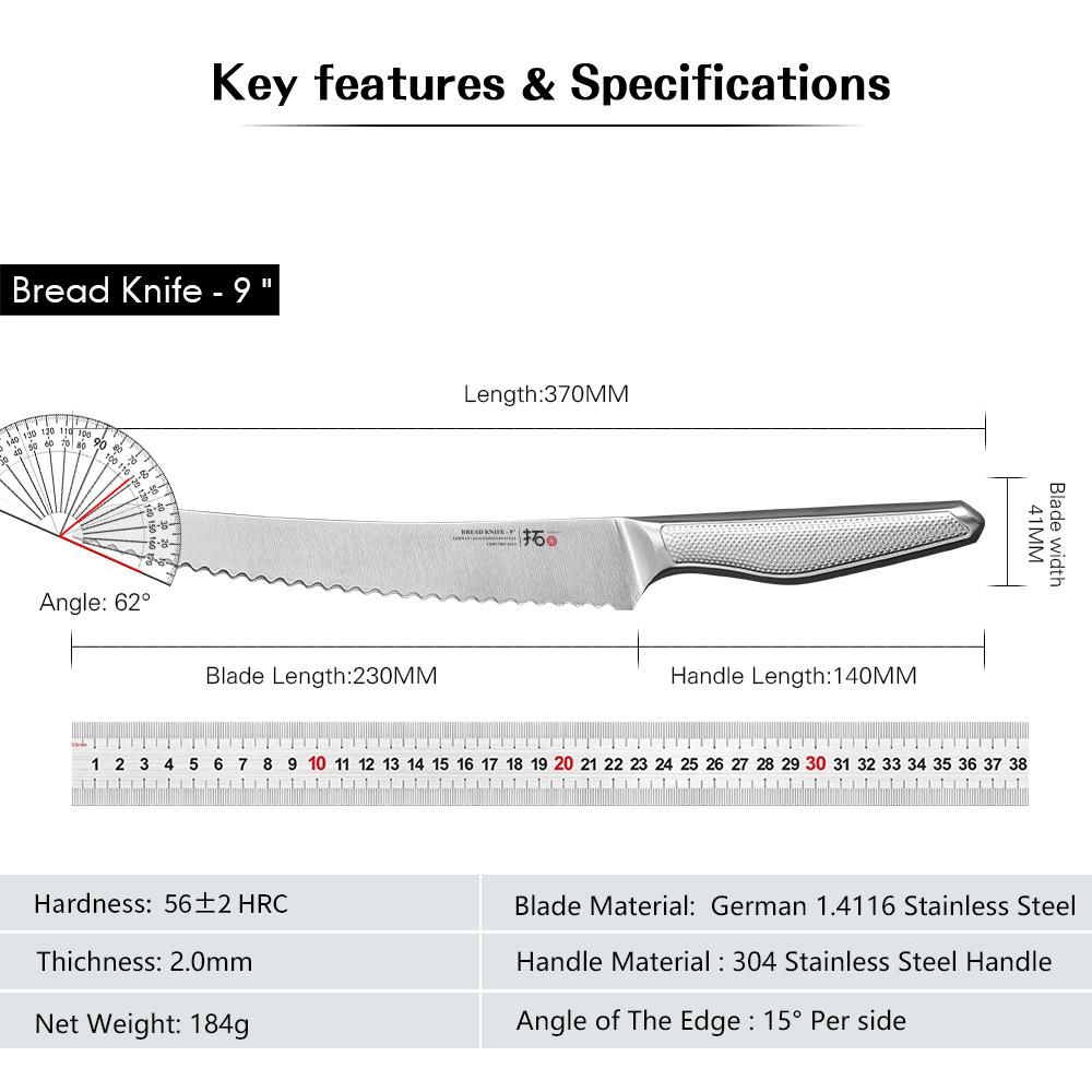 TURWHO 9 Inch Professional Bread Knife High Carbon German 1.4116 Stainless Steel Kitchen Chef Knives Cheese Cake Cutter Tools