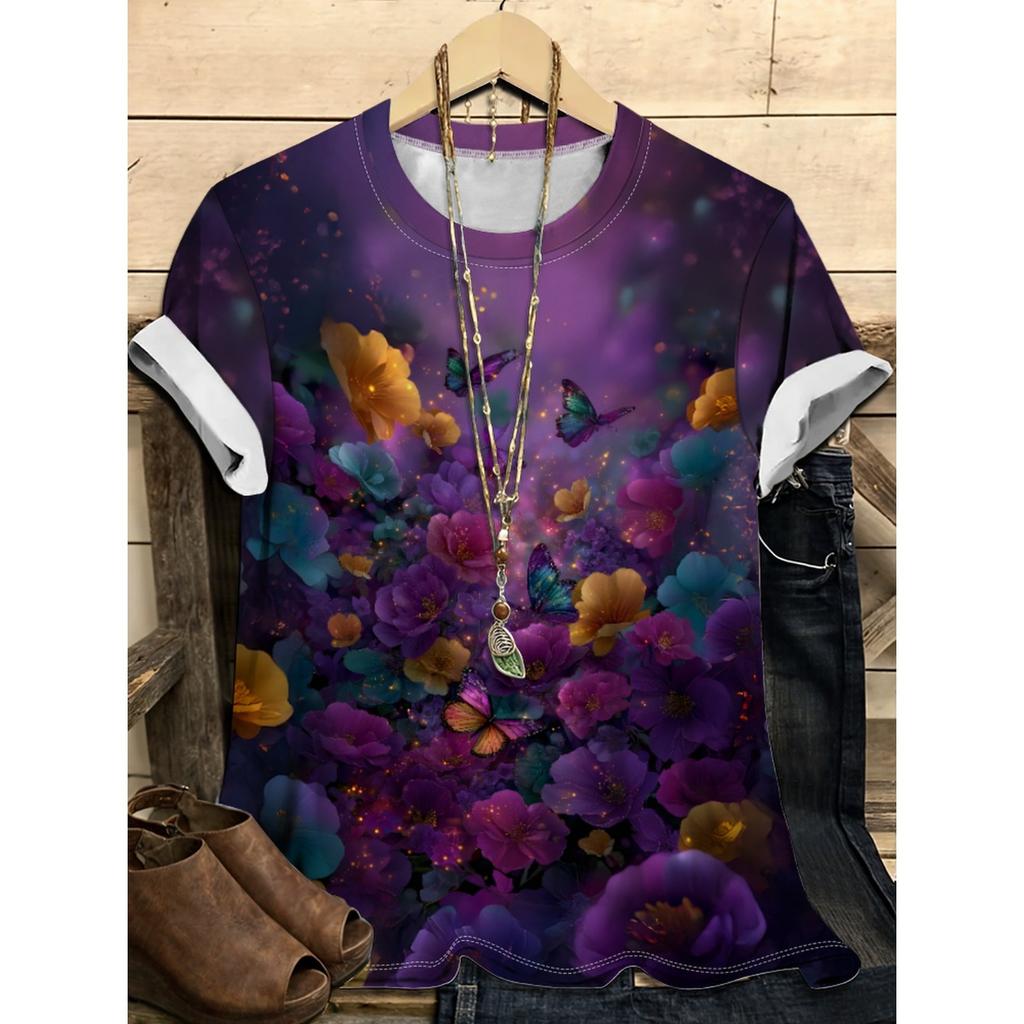 Summer Round Neck Flower Pattern 3D Print Top Fashionable Casual Short Sleeved Women's T-shirts