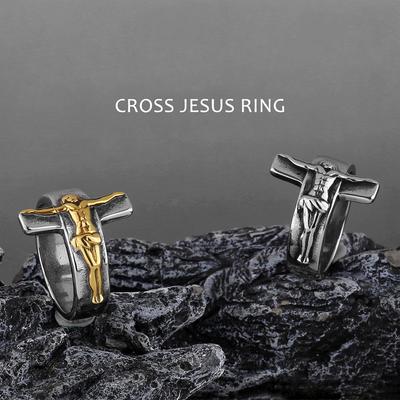 Retro Kreuz Jesus Edelstahlring für Männer & Frauen Antiker Gotischer Metallring Zirkon Christliches Zubehör Segnungsgeschenk