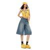 Trendy Vintage Heavy Patch Pocket Loose Straight Distressed Cropped Capri Denim Pants For Women Versatile Slimming FigureFlattering Casual Bottoms