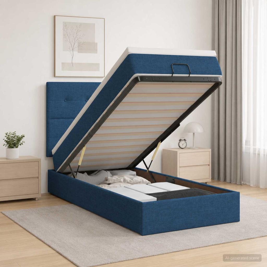 Ottoman Bed with Mattress and Headboard Blue 90 X 190 Cm Fabric