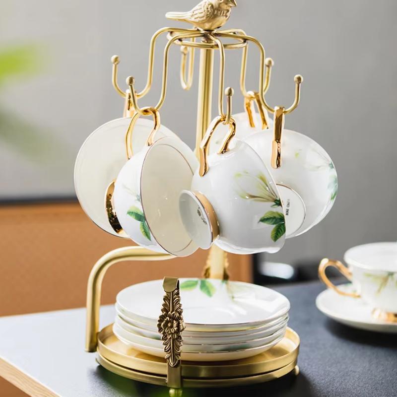 Luxury European-style Brass Coffee Cup Holder Elegant Cup Saucer Storage Rack Stylish Cups Storage Organizer Durability