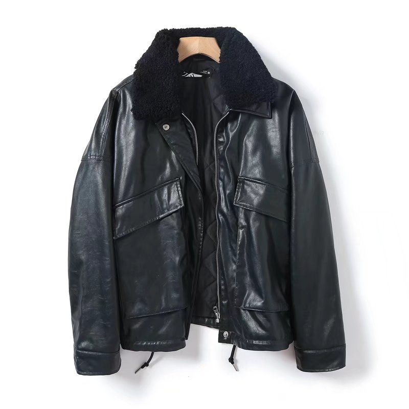

Cool Girl American High Street Retro Oversize Profile Motorcycle Leather Cotton-padded jacket Fur Collar Warm Thickened Cotton-Padded Coat Outerwear Removable fur-collar cotton-padded jacket L