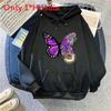 Sweat à capuche décontracté pour femme pour le printemps avec motif papillon imprimé et cordon de serrage