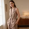 Women's Sleeveless Blazer Vest Button Lapel Collar Work Jacket Fall Casual Long Dressy Coat with Belt